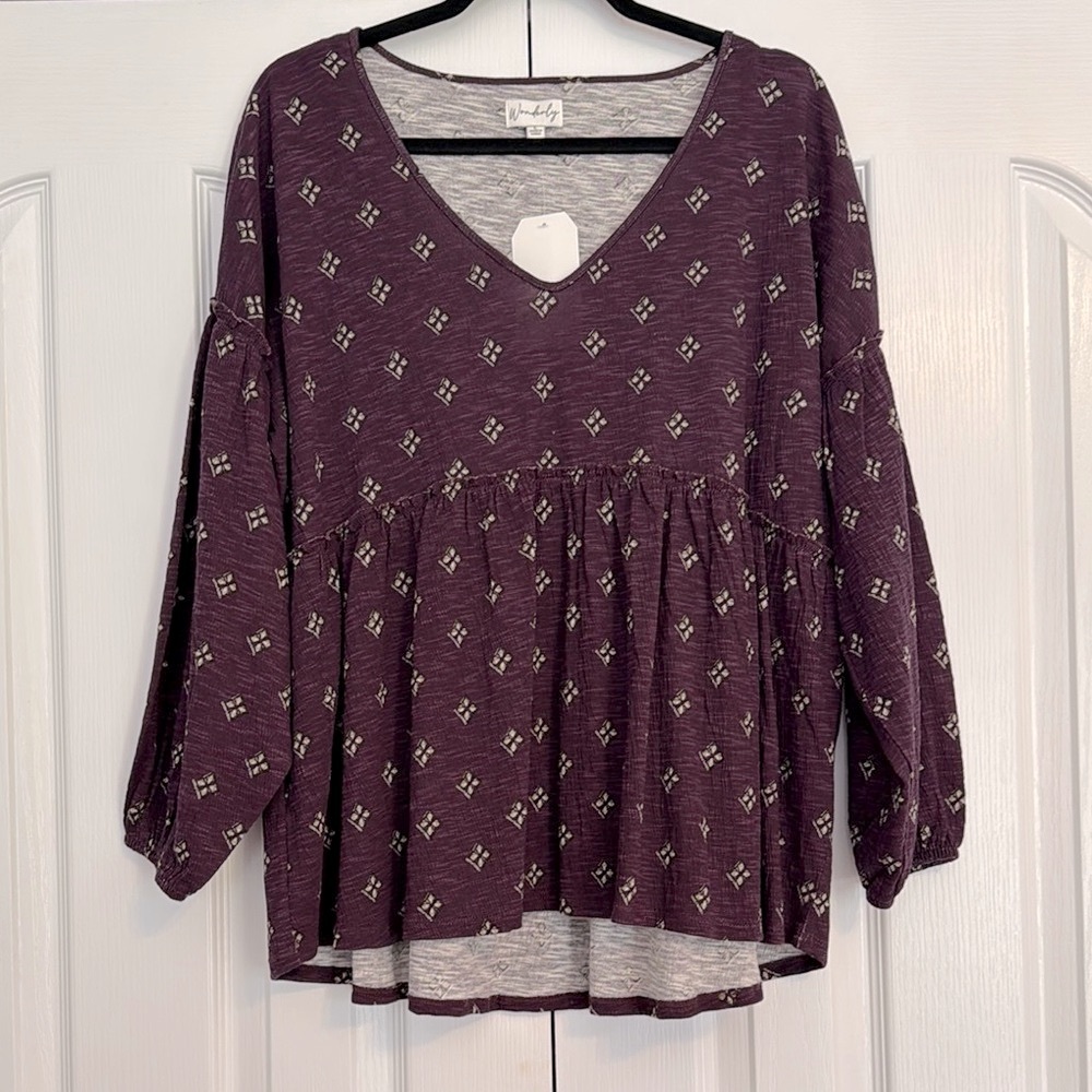 SOLD! 

NWT Wonderly Plum-Geo Tiered Long Sleeve Blouse